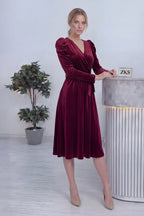 Bordo Kadın Karpuz Kol Kruvaze Kadife Kuşaklı Büyük Beden Elbise