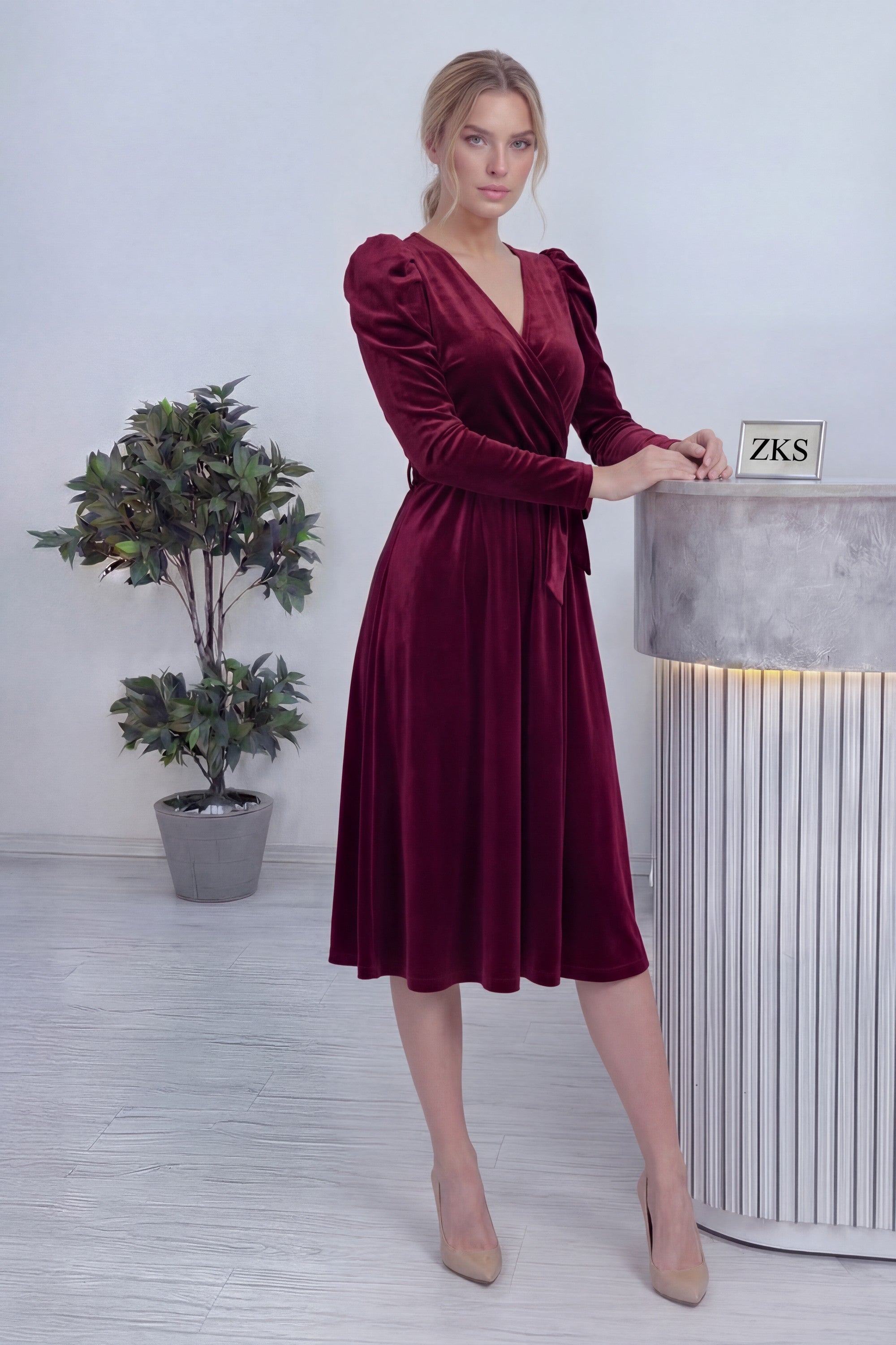 Bordo Kadın Karpuz Kol Kruvaze Kadife Kuşaklı Büyük Beden Elbise