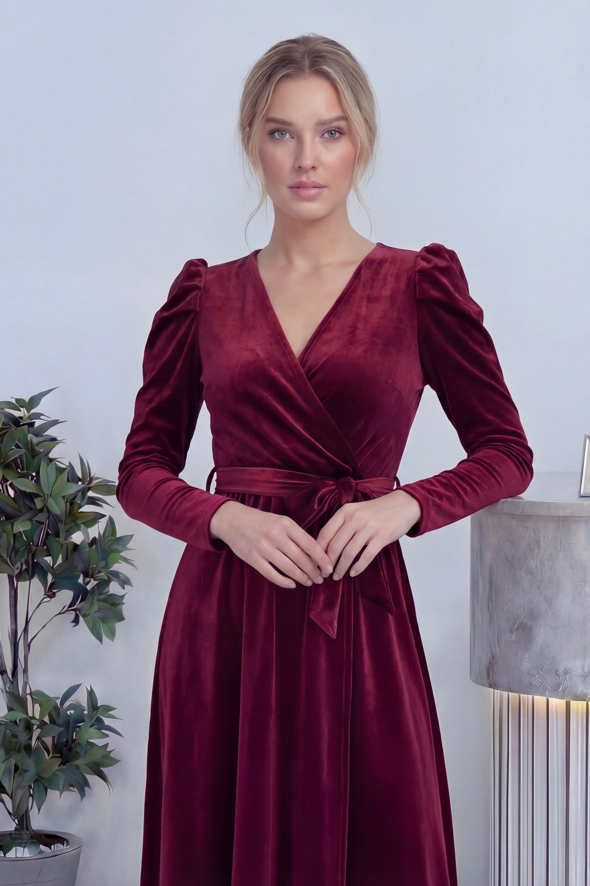 Bordo Kadın Karpuz Kol Kruvaze Kadife Kuşaklı Büyük Beden Elbise