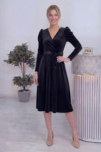 Siyah Kadın Karpuz Kol Kruvaze Kadife Kuşaklı Büyük Beden Elbise