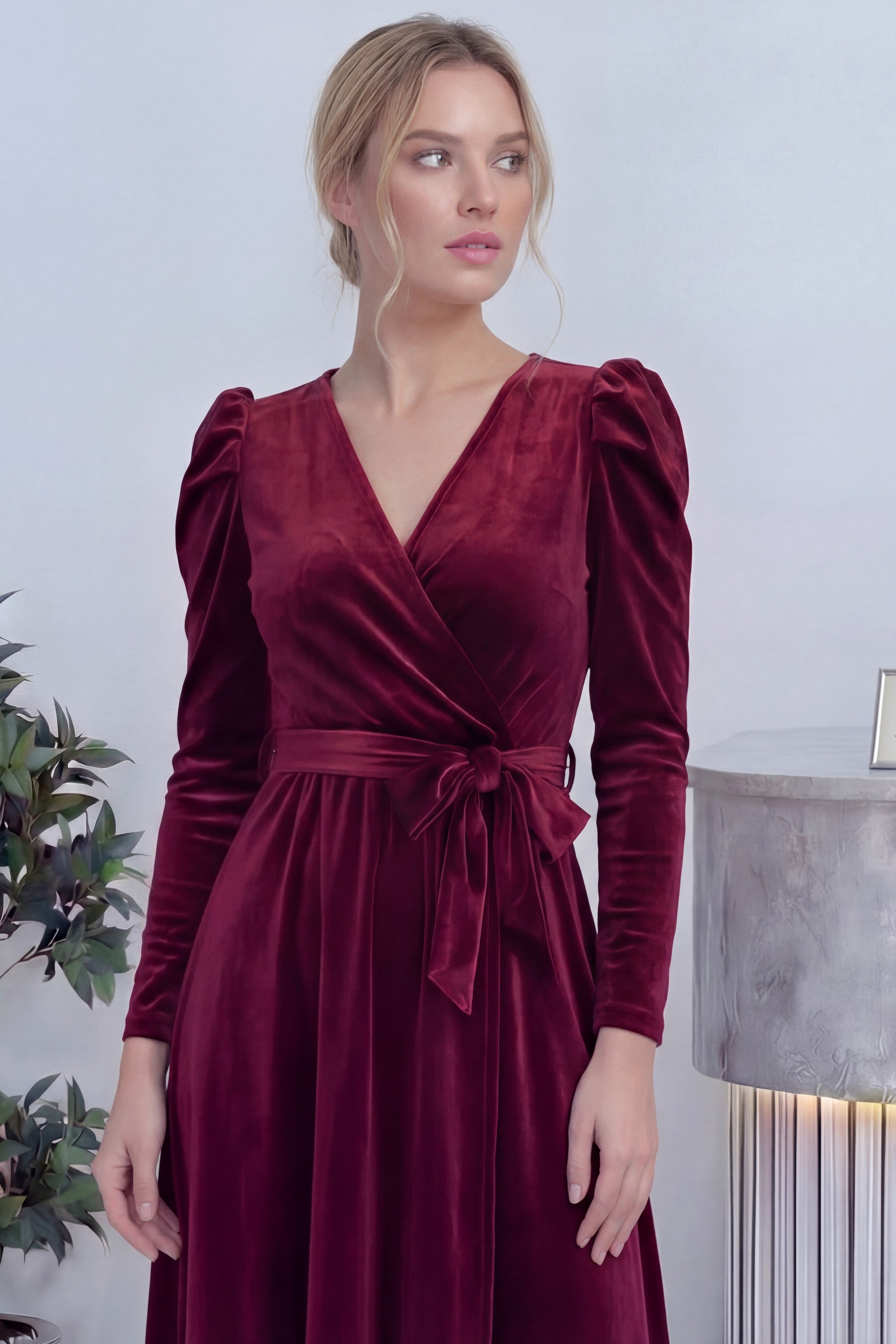 Bordo Kadın Karpuz Kol Kruvaze Kadife Kuşaklı Büyük Beden Elbise