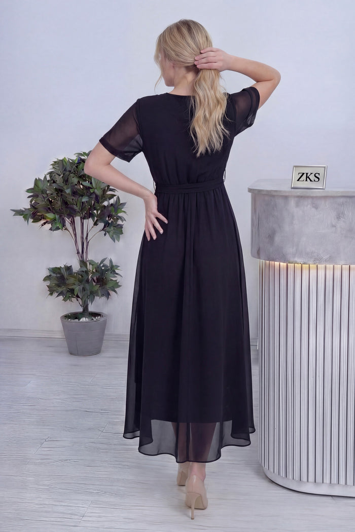 Siyah Kısa Kol Kruvaze Yaka Şifon Büyük Beden Elbise