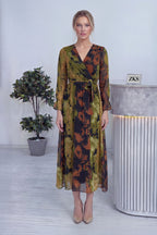 Batik Desen Kruvaze Yaka Şifon Büyük Beden Elbise