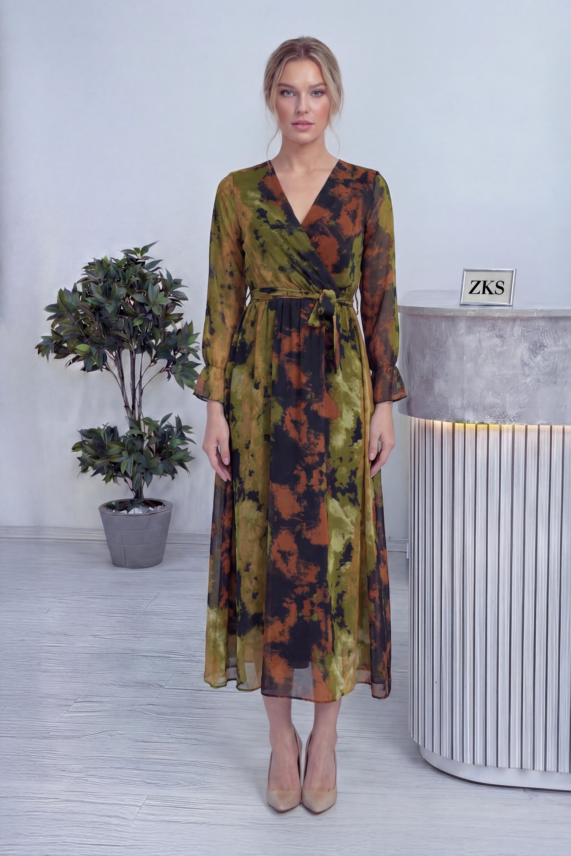 Batik Desen Kruvaze Yaka Şifon Büyük Beden Elbise