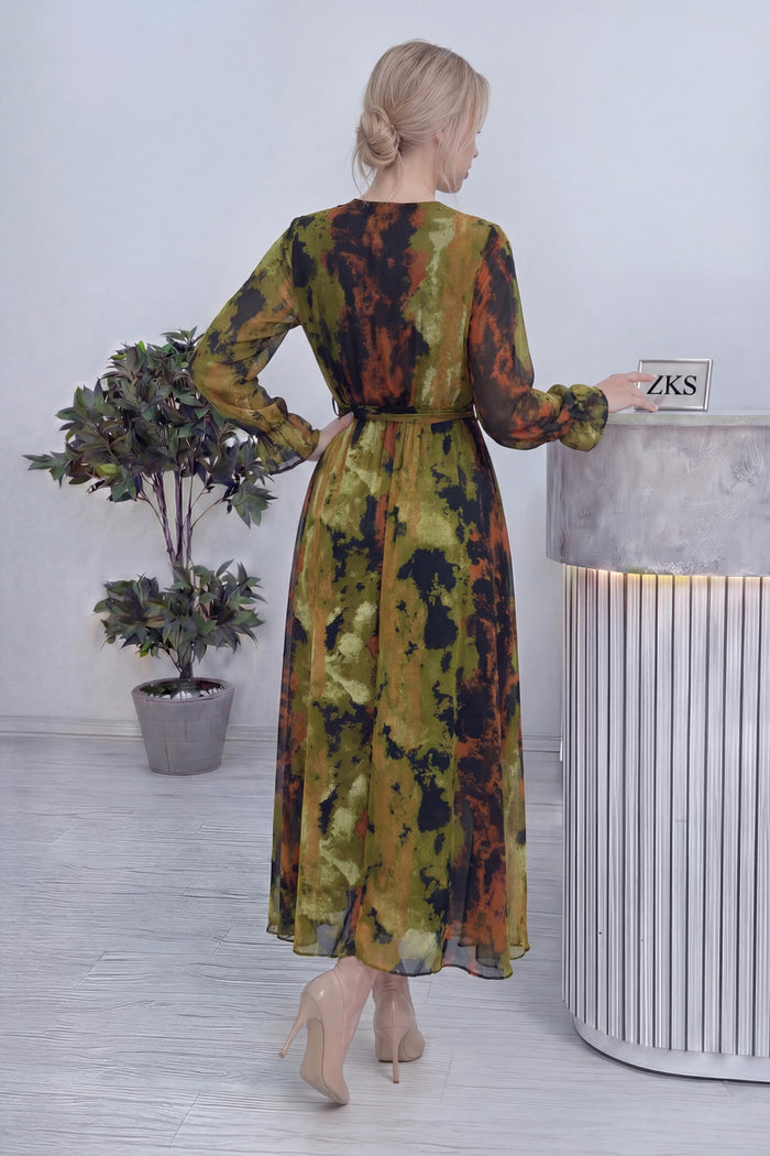 Batik Desen Kruvaze Yaka Şifon Büyük Beden Elbise