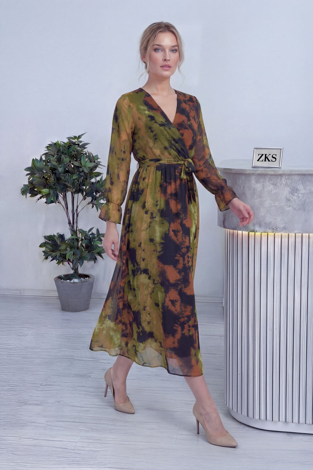 Batik Desen Kruvaze Yaka Şifon Büyük Beden Elbise