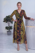 Batik Desen Kruvaze Yaka Şifon Büyük Beden Elbise