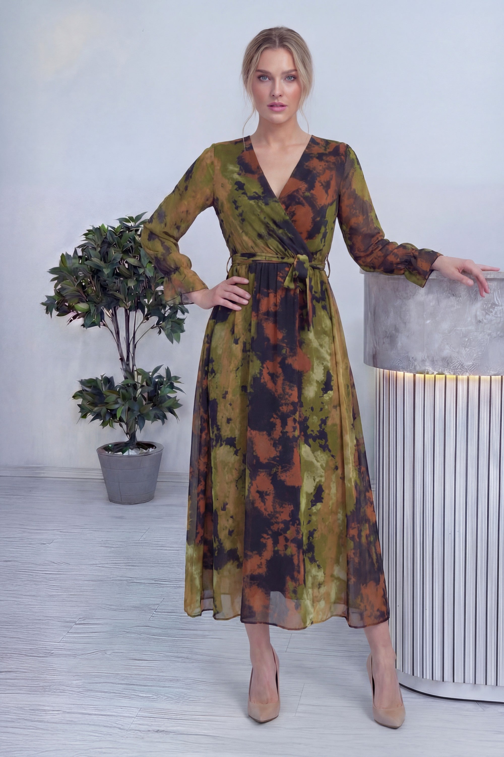 Batik Desen Kruvaze Yaka Şifon Büyük Beden Elbise