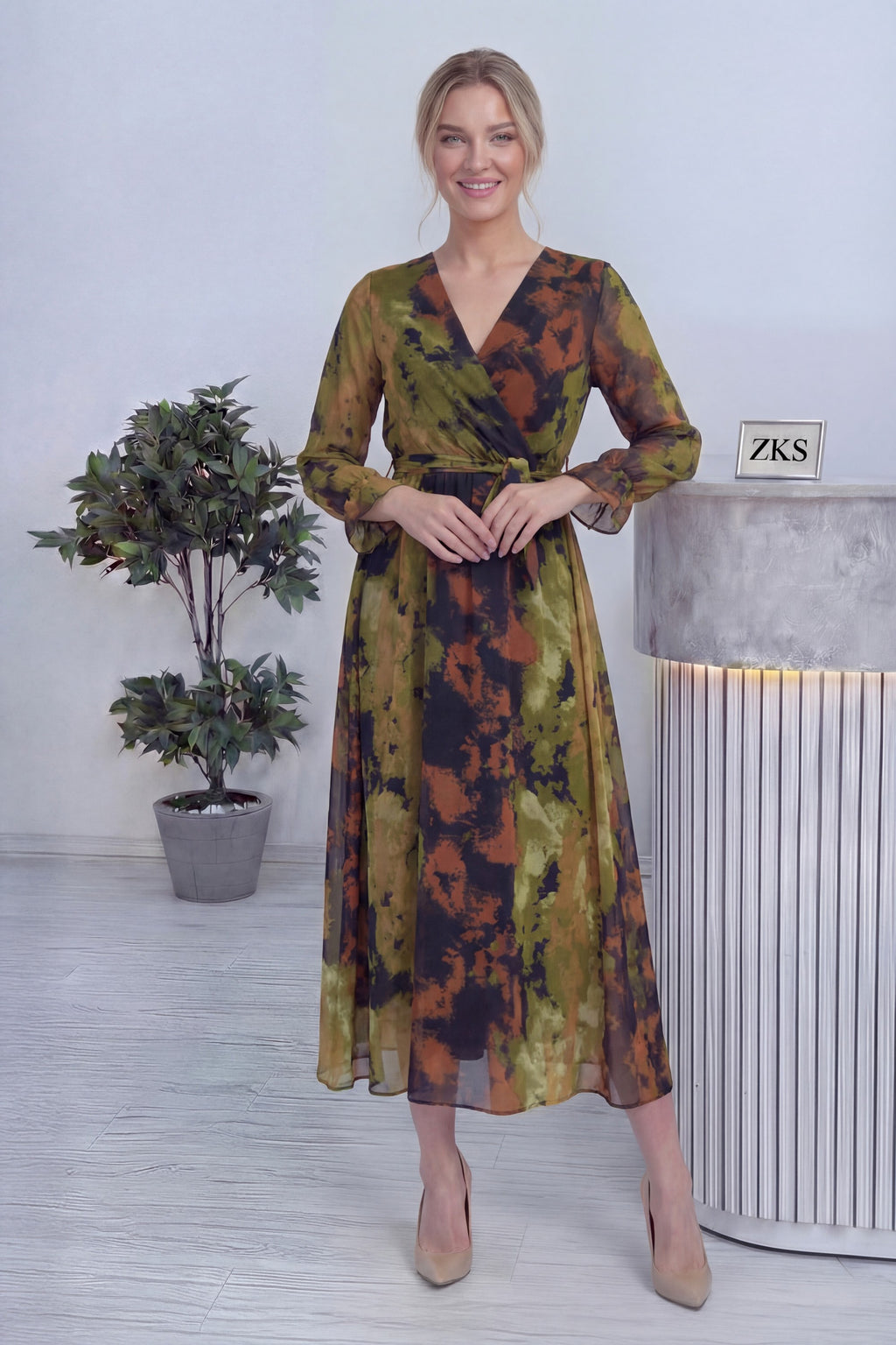 Batik Desen Kruvaze Yaka Şifon Büyük Beden Elbise