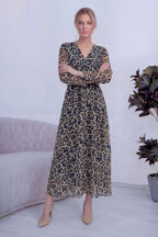 Leopar Desenli Kruvaze Yaka Şifon Büyük Beden Elbise
