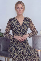 Leopar Desenli Kruvaze Yaka Şifon Büyük Beden Elbise