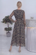 Leopar Desenli Kruvaze Yaka Şifon Büyük Beden Elbise