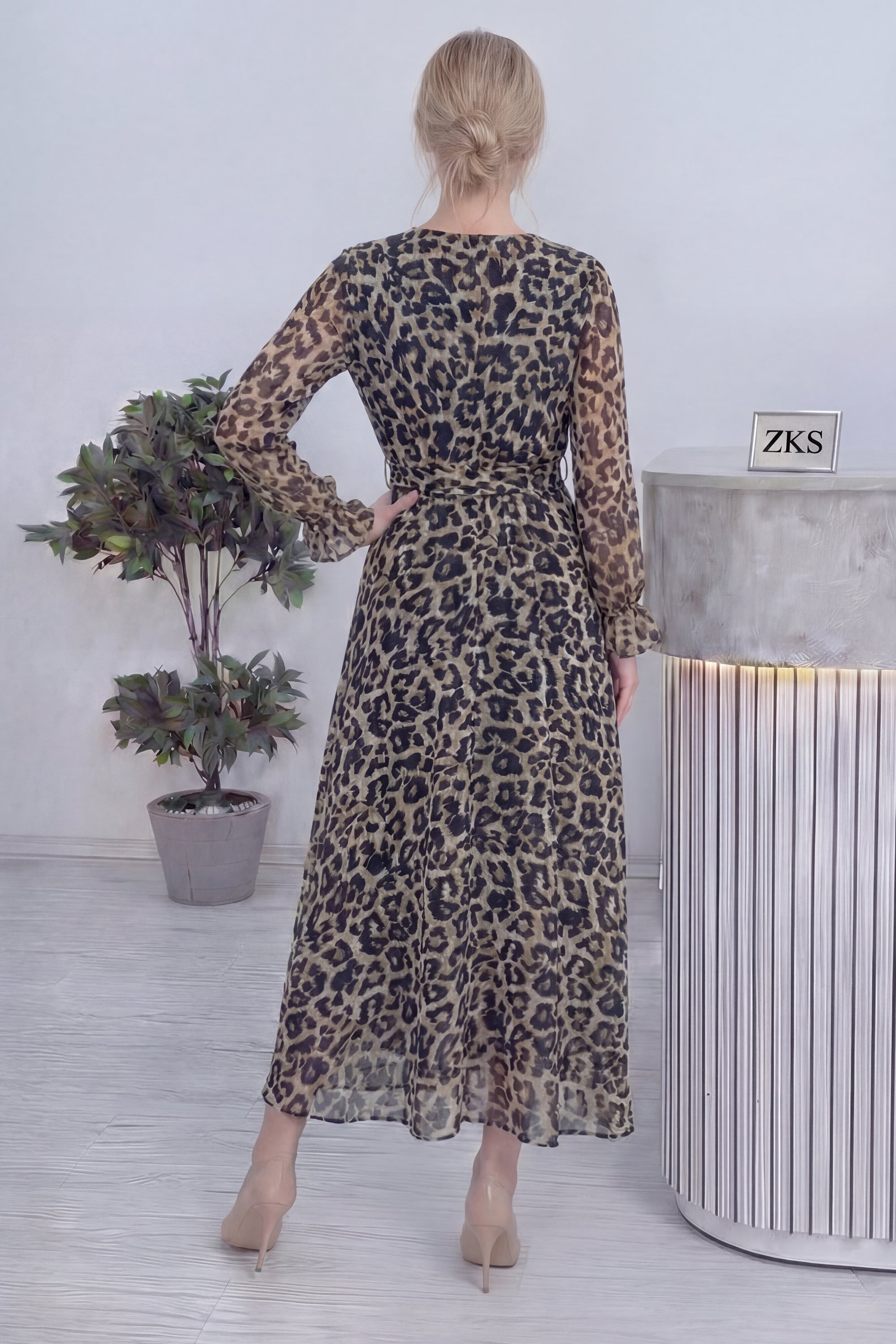 Leopar Desenli Kruvaze Yaka Şifon Büyük Beden Elbise