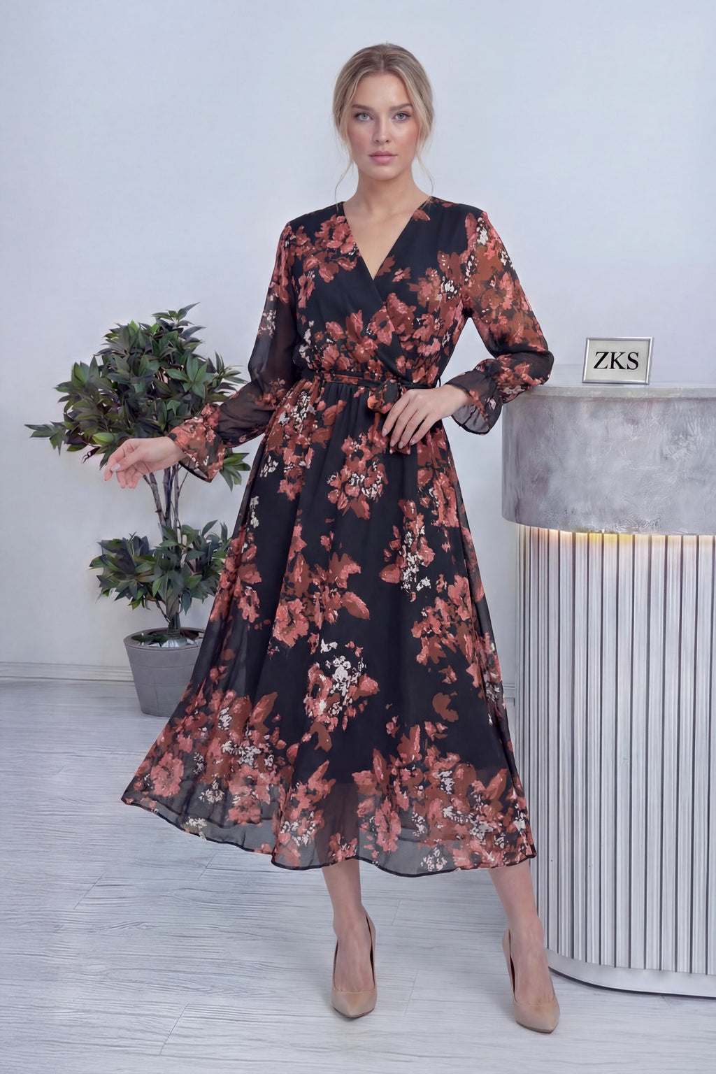 Nar Çiçeği Desenli Kruvaze Yaka Şifon Büyük Beden Elbise