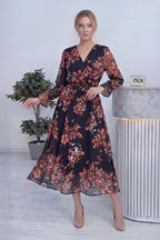 Nar Çiçeği Desenli Kruvaze Yaka Şifon Büyük Beden Elbise