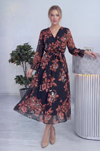 Nar Çiçeği Desenli Kruvaze Yaka Şifon Büyük Beden Elbise