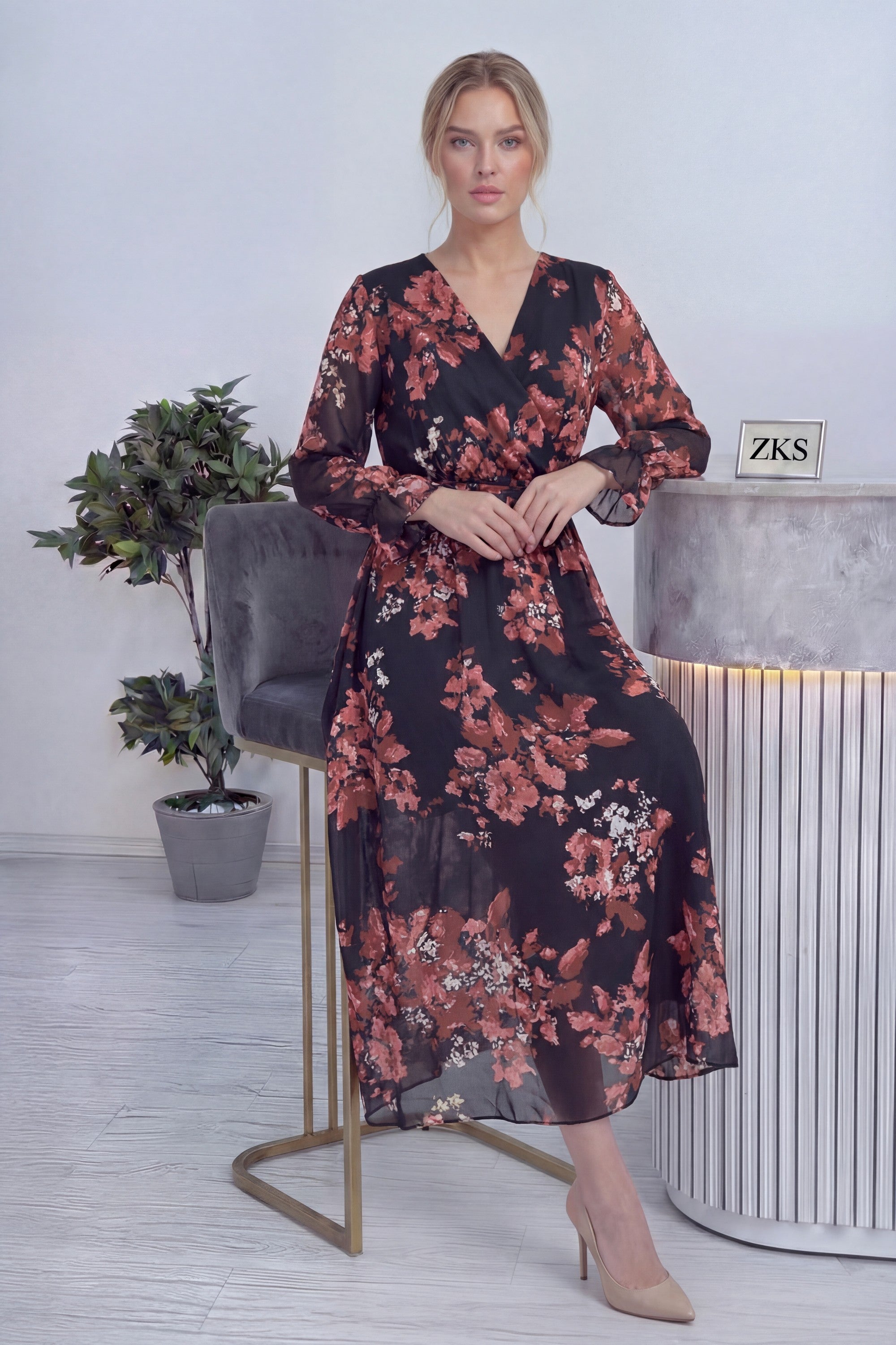 Nar Çiçeği Desenli Kruvaze Yaka Şifon Büyük Beden Elbise