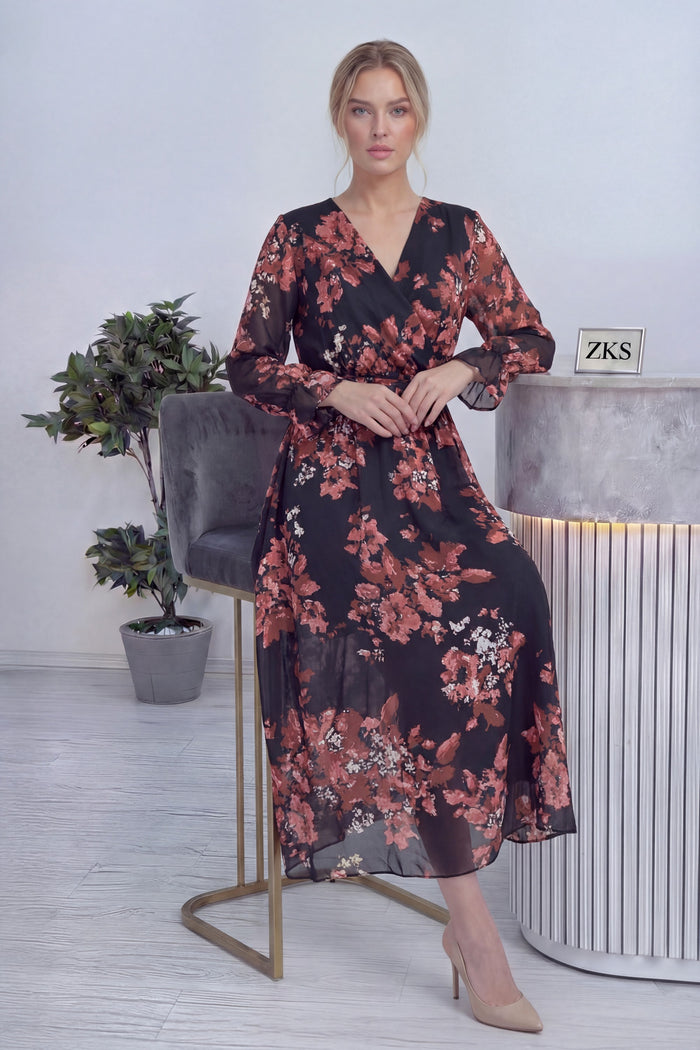 Nar Çiçeği Desenli Kruvaze Yaka Şifon Büyük Beden Elbise