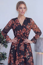 Nar Çiçeği Desenli Kruvaze Yaka Şifon Büyük Beden Elbise