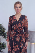 Nar Çiçeği Desenli Kruvaze Yaka Şifon Büyük Beden Elbise