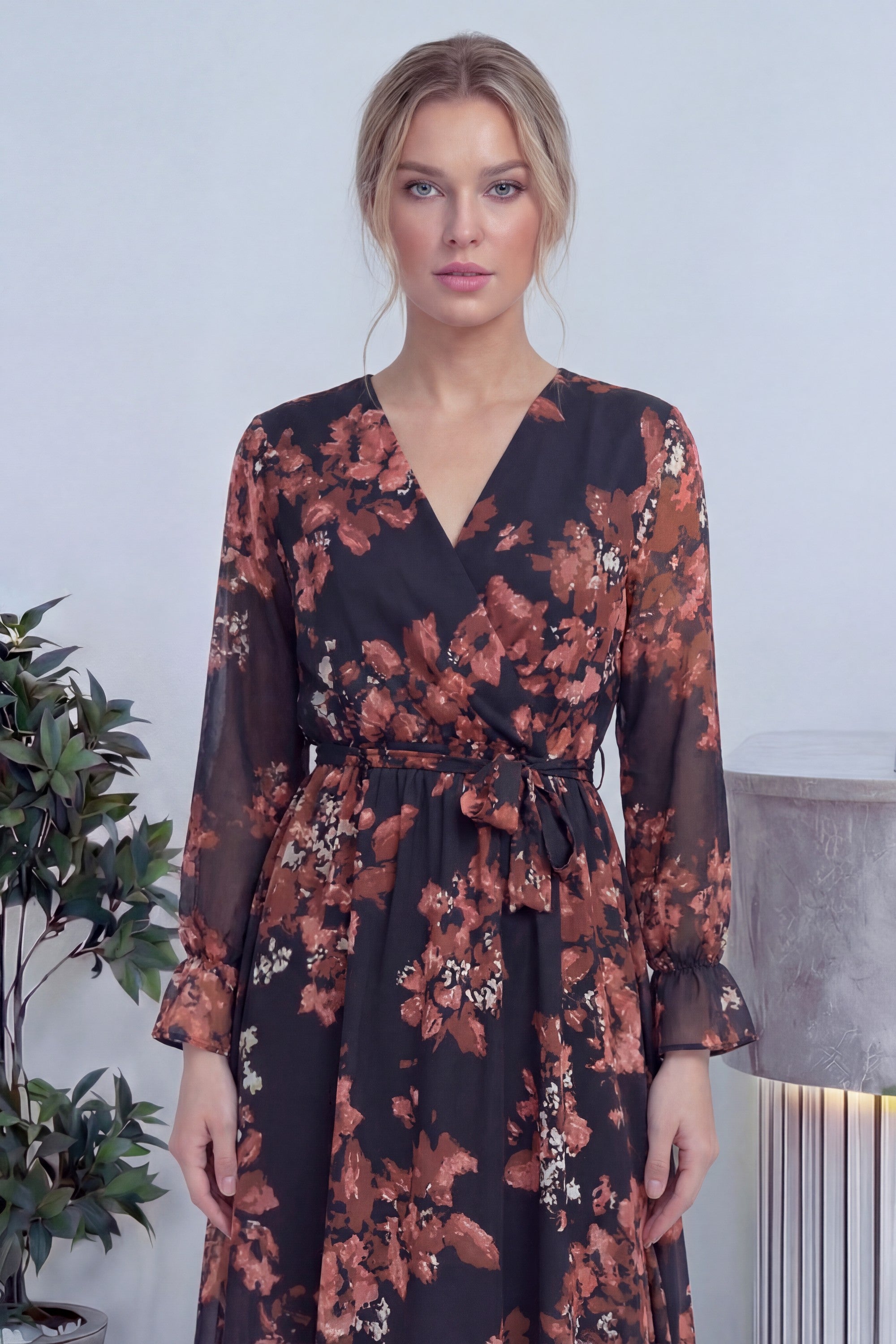 Nar Çiçeği Desenli Kruvaze Yaka Şifon Büyük Beden Elbise