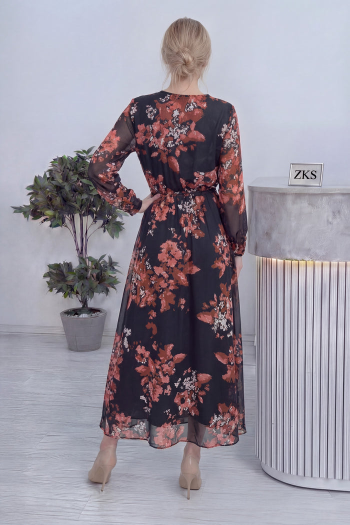 Nar Çiçeği Desenli Kruvaze Yaka Şifon Büyük Beden Elbise