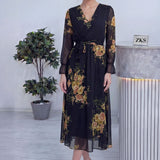 Siyah Sarı Çiçekli Kruvaze Yaka Şifon Büyük Beden Elbise