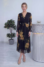 Siyah Sarı Çiçekli Kruvaze Yaka Şifon Büyük Beden Elbise