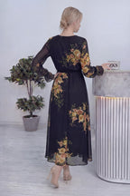 Siyah Sarı Çiçekli Kruvaze Yaka Şifon Büyük Beden Elbise