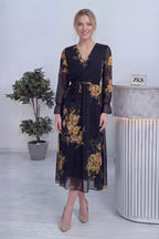 Siyah Sarı Çiçekli Kruvaze Yaka Şifon Büyük Beden Elbise