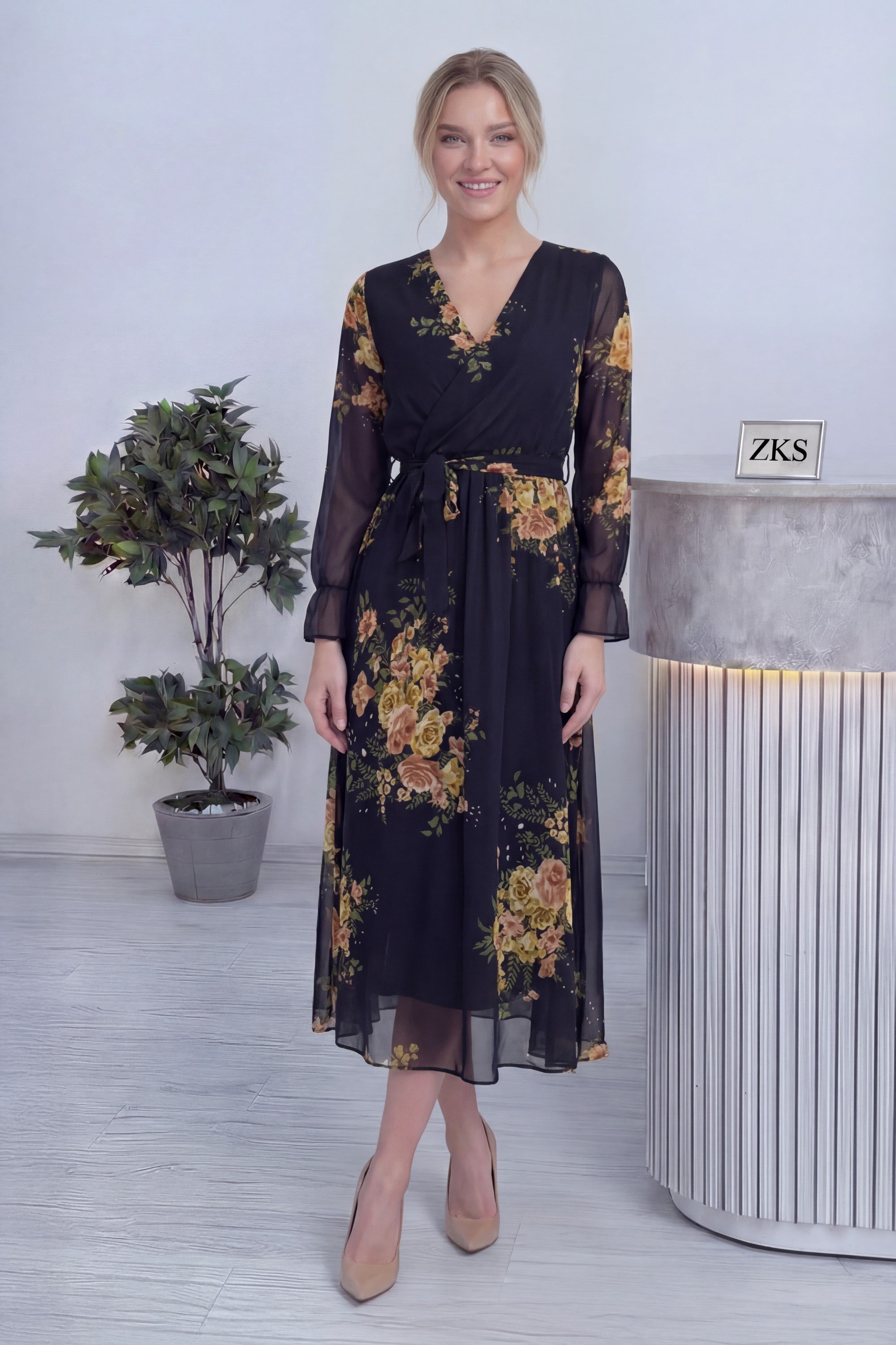 Siyah Sarı Çiçekli Kruvaze Yaka Şifon Büyük Beden Elbise