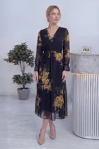 Siyah Sarı Çiçekli Kruvaze Yaka Şifon Büyük Beden Elbise