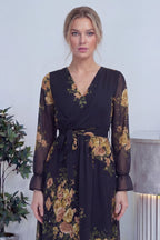 Siyah Sarı Çiçekli Kruvaze Yaka Şifon Büyük Beden Elbise