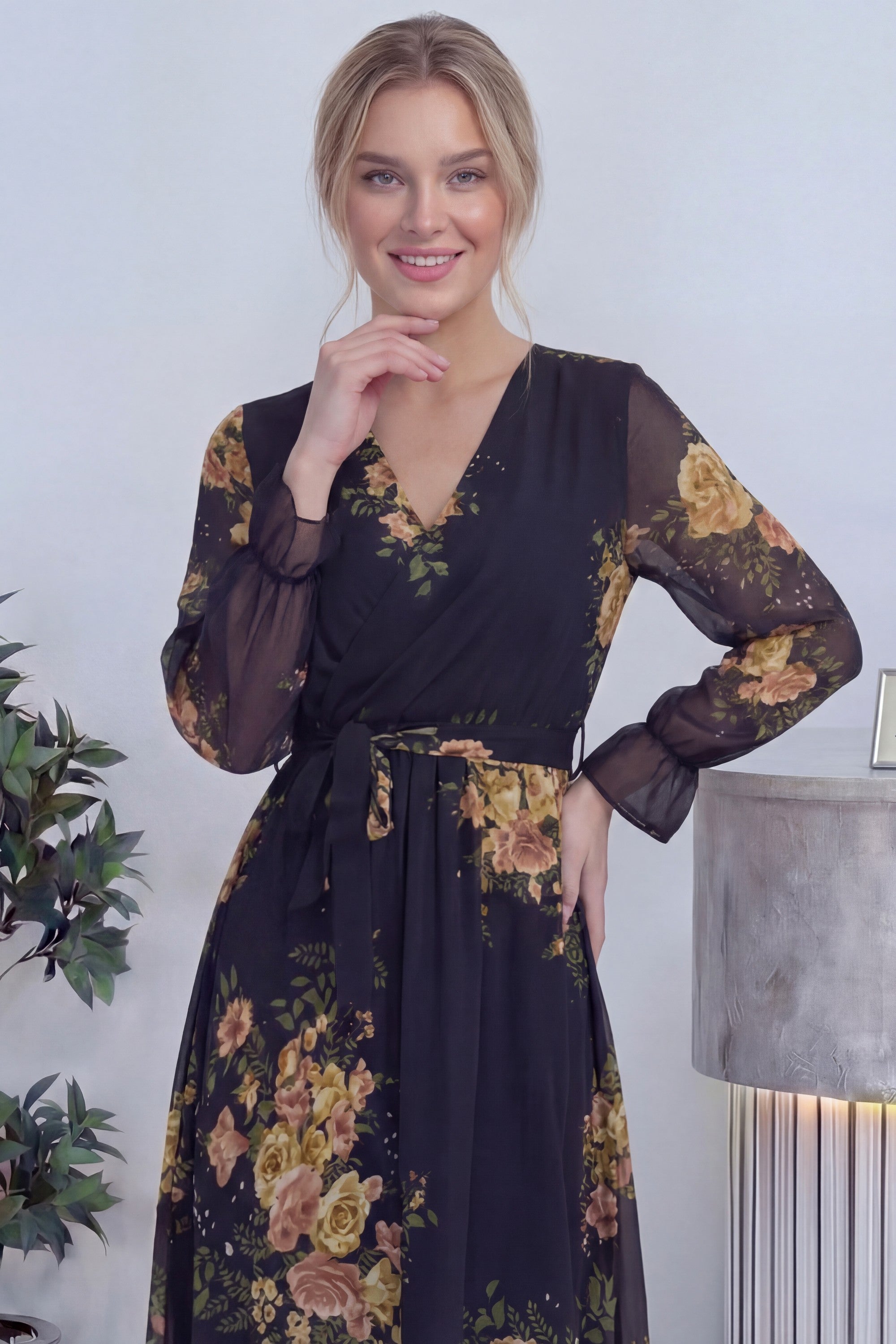 Siyah Sarı Çiçekli Kruvaze Yaka Şifon Büyük Beden Elbise