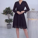 Siyah Kruvaze Yaka Şifon Büyük Beden Kısa Elbise