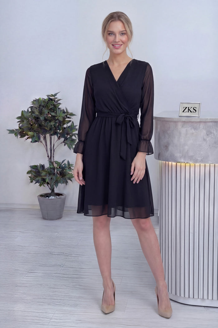 Siyah Kruvaze Yaka Şifon Büyük Beden Kısa Elbise