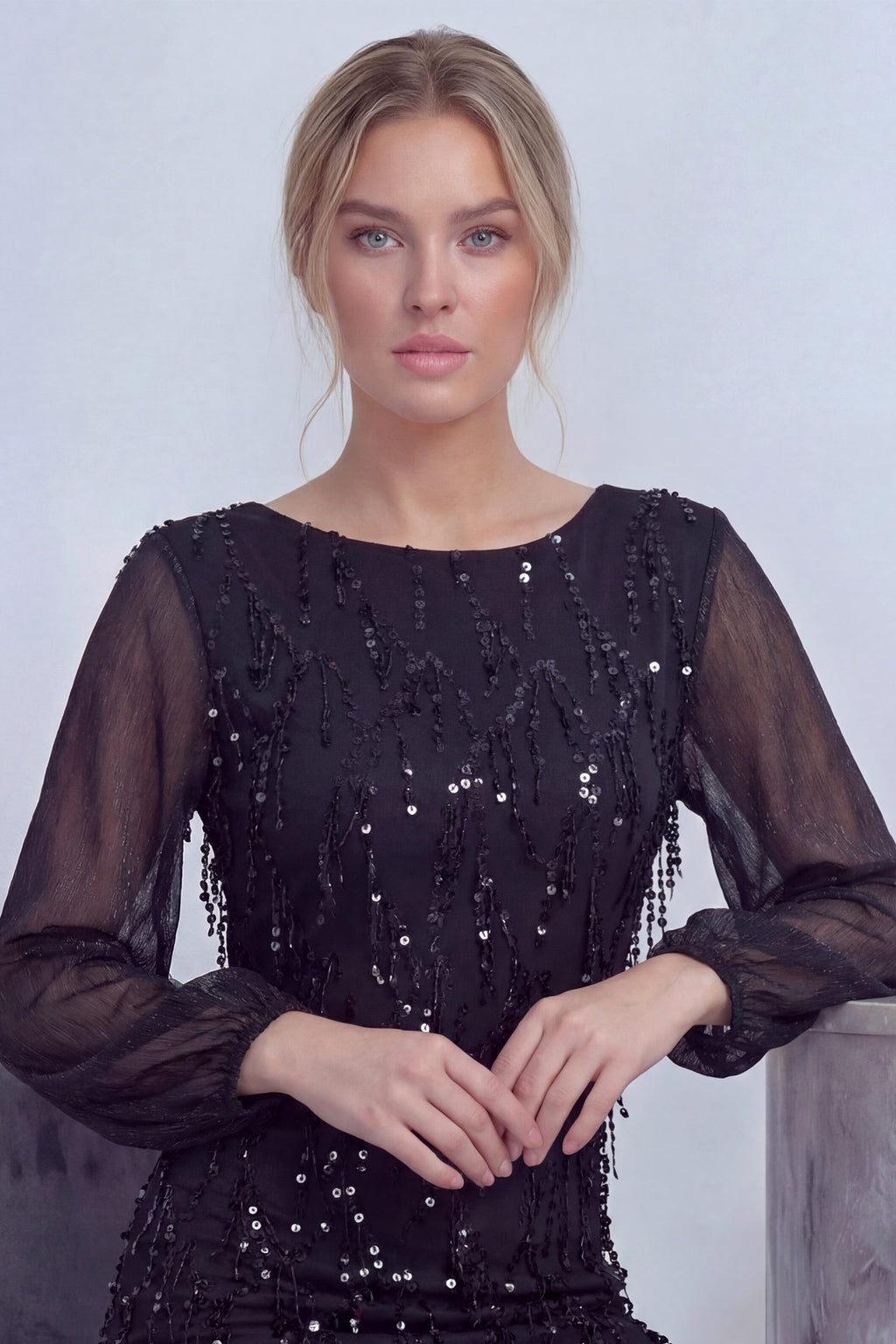 Siyah Kadın Büyük Beden Şifon Pulpayet Abiye Elbise