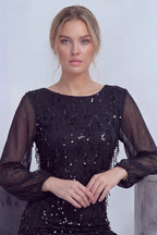 Siyah Kadın Büyük Beden Şifon Pulpayet Abiye Elbise