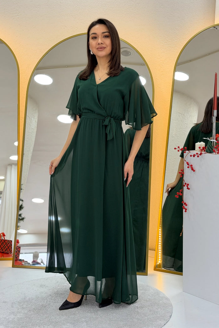 Zümrüt Yeşili Kısa Kol Şifon Elbise 