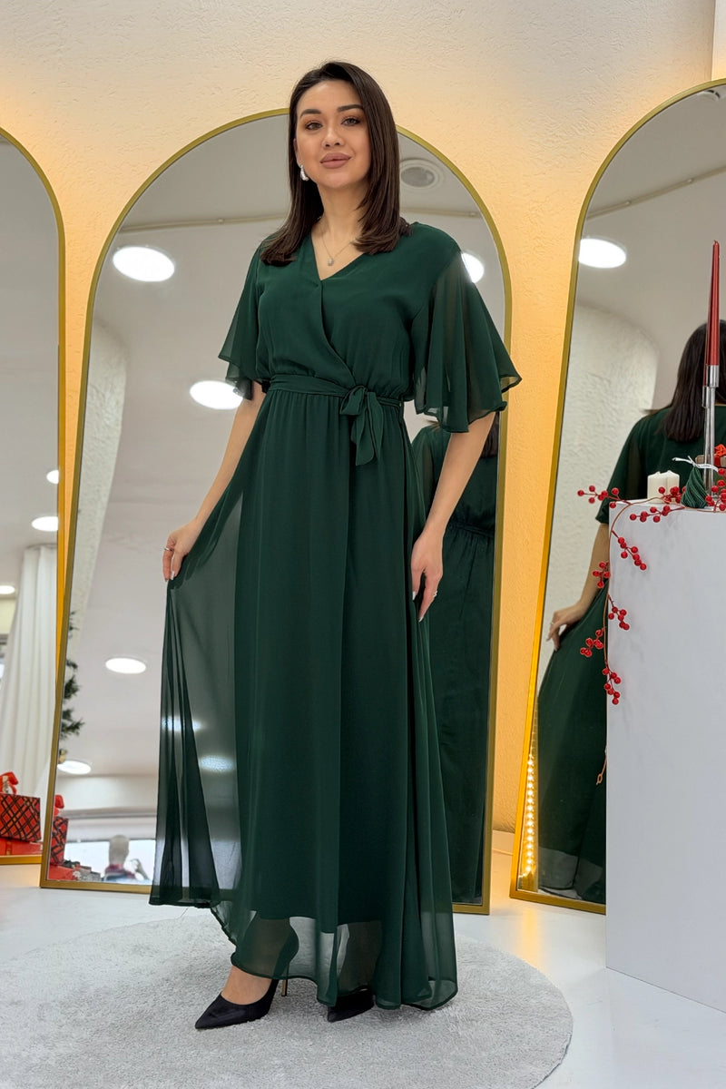 Zümrüt Yeşili Kısa Kol Şifon Elbise 