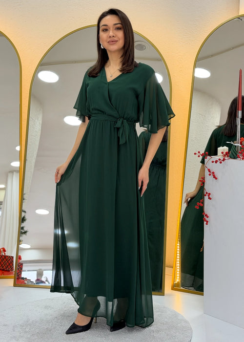 Zümrüt Yeşili Kısa Kol Şifon Elbise