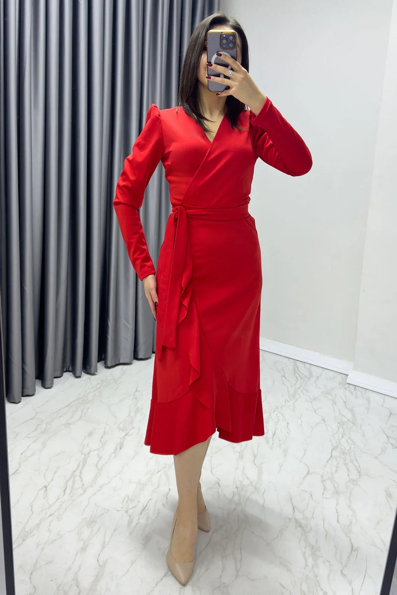 Kırmızı Krep Volanlı Kruvaze Büyük Beden Elbise

