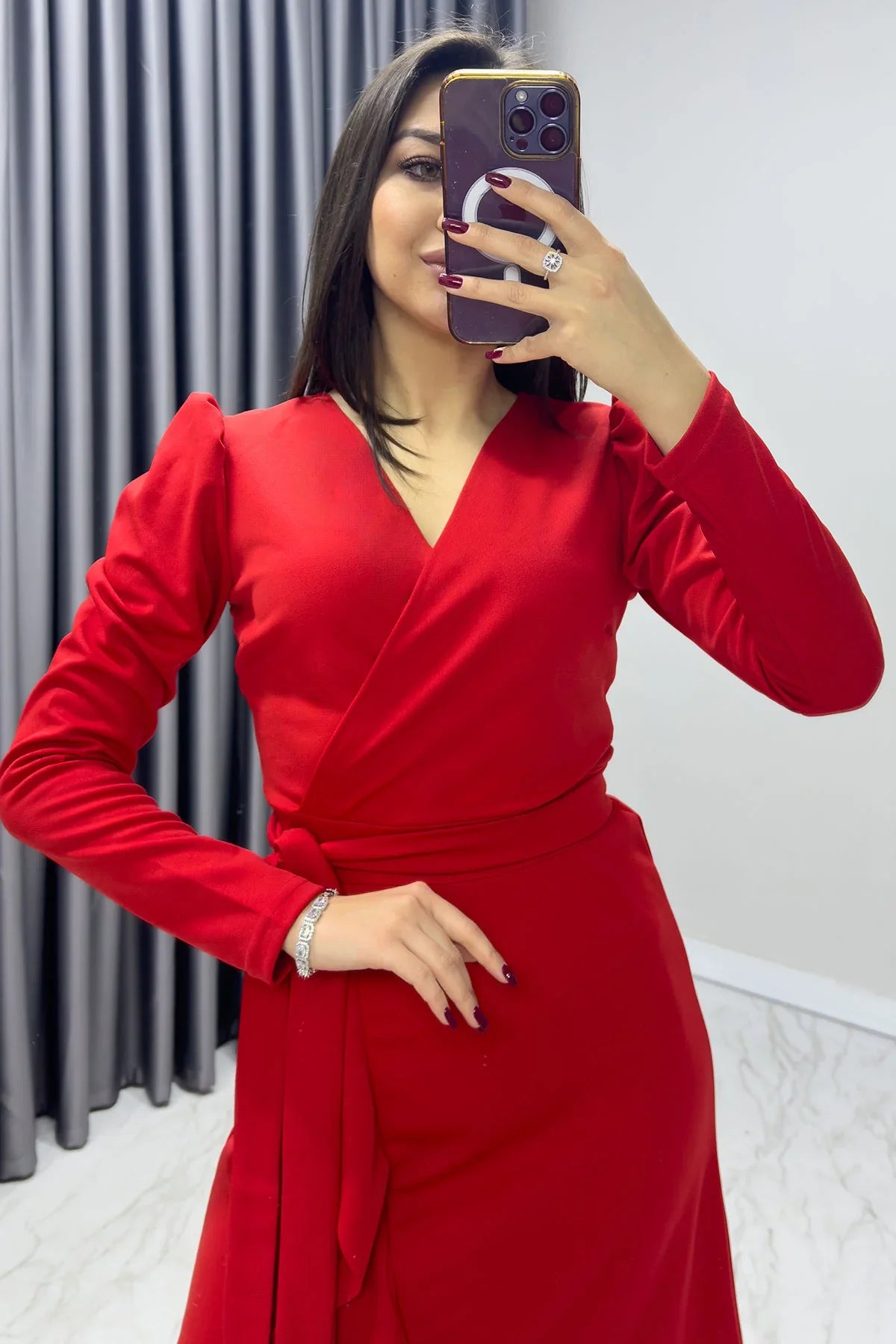 Kırmızı Krep Volanlı Kruvaze Büyük Beden Elbise

