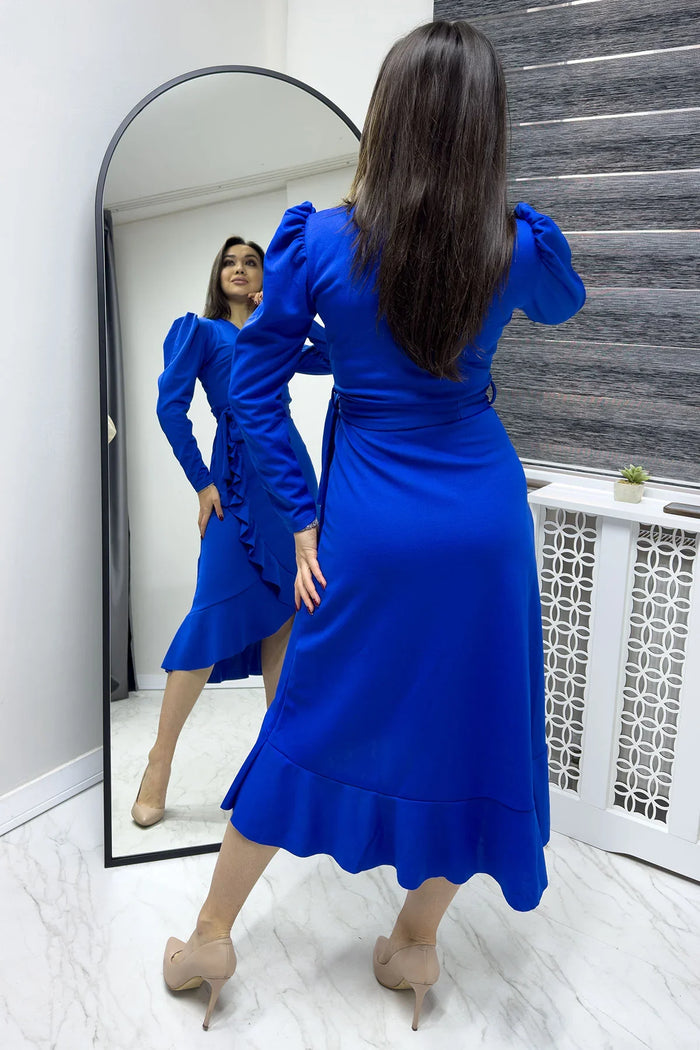 Saks Krep Volanlı Kruvaze Büyük Beden Elbise

