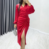 Kırmızı Kadın Saten Kruvaze Drapeli Yırtmaç Detaylı Balon Kol Büyük Beden Elbise