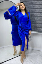 Saks Kadın Saten Kruvaze Drapeli Yırtmaç Detaylı Balon Kol Büyük Beden Elbise

