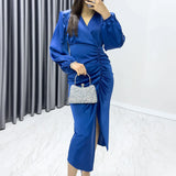 İndigo Kadın Kruvaze Saten Drapeli Yırtmaç Detaylı Balon Kol Büyük Beden Elbise