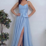 Kadın Bebe Mavi Askılı Yırtmaçlı Abiye Elbise