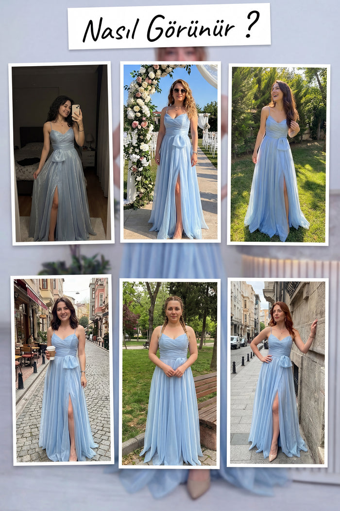 Kadın Bebe Mavi Askılı Yırtmaçlı Abiye Elbise