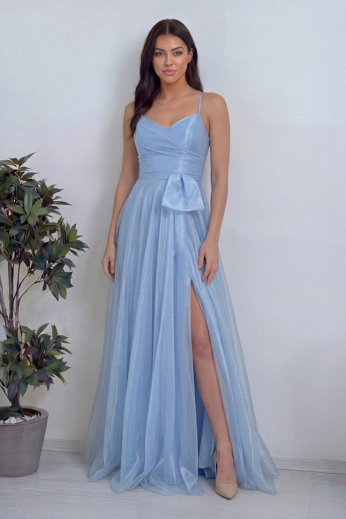 Kadın Bebe Mavi Askılı Yırtmaçlı Abiye Elbise